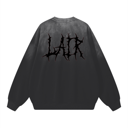 Ghosted Sweatshirt with washed black finish and striking Lair logo on back.